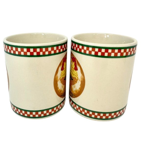 Cardinal Mug Rooster Red Checker Pattern Hand Painted Coffee Tea Cup Lot of Two - Picture 4 of 10